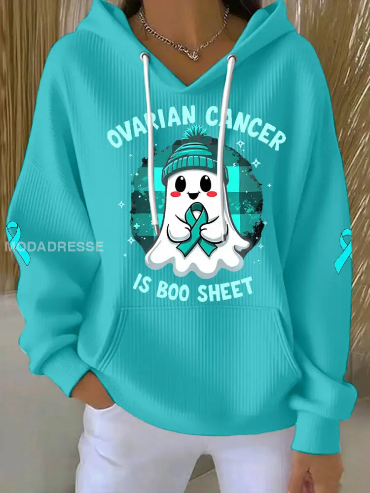 Kvinnors äggstockscancer är Boo Sheet Halloween Spök Teal Ribbon Ovariell cancer medvetenhet Hoodies blå- grön / S