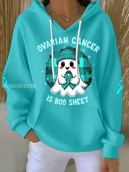 Kvinnors äggstockscancer är Boo Sheet Halloween Spök Teal Ribbon Ovariell cancer medvetenhet Hoodies blå- grön / S