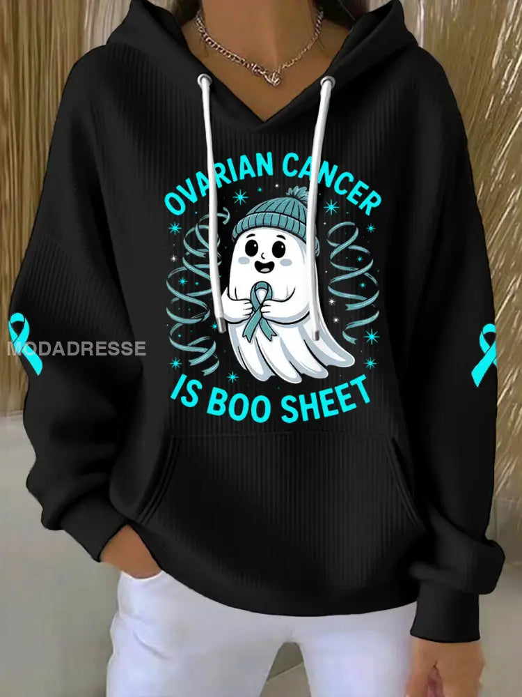 Kvinnors äggstockscancer är Boo Sheet Halloween Spök Teal Ribbon Ovariell cancer medvetenhet Hoodies svart / S
