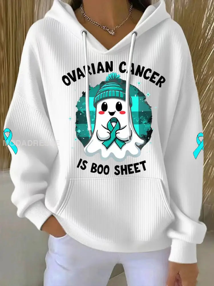 Kvinnors äggstockscancer är Boo Sheet Halloween Spök Teal Ribbon Ovariell cancer medvetenhet Hoodies vit / S