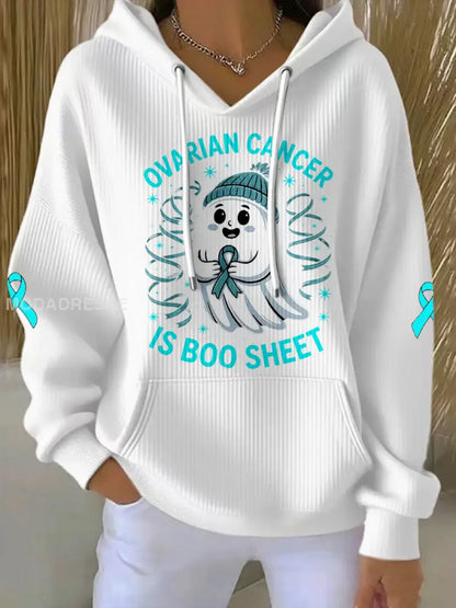 Kvinnors äggstockscancer är Boo Sheet Halloween Spök Teal Ribbon Ovariell cancer medvetenhet Hoodies vitt / S