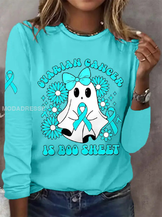 Kvinnors äggstockscancer är Boo Sheet Halloween Spök Teal Ribbon Ovariell cancer medvetenhet Långärm T-S hjärt blå-
