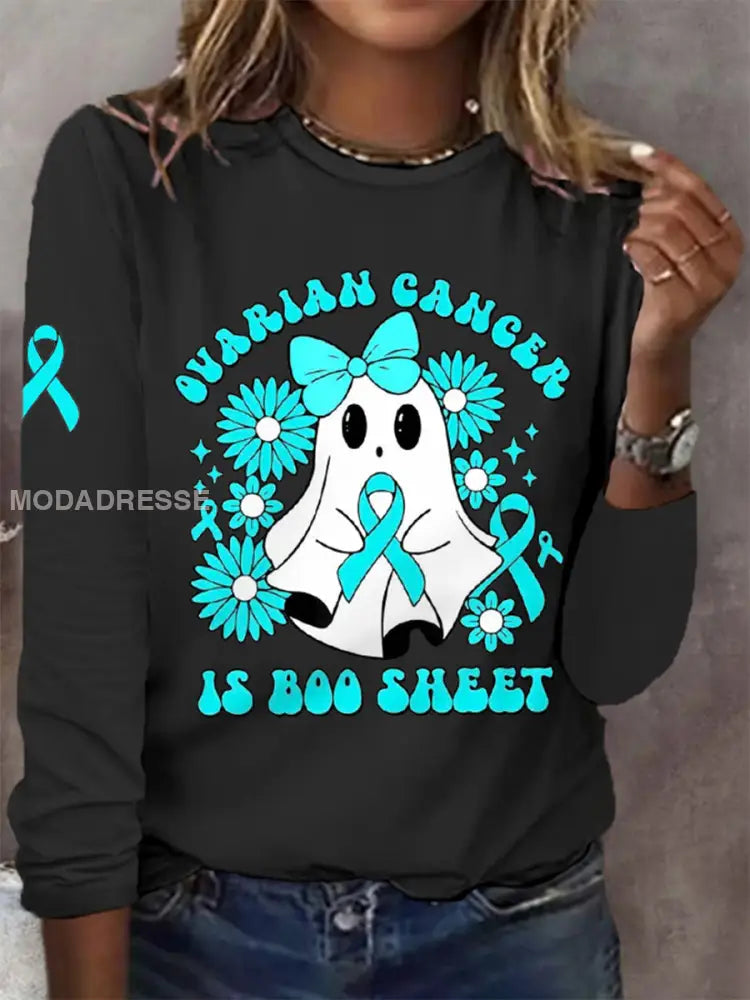 Kvinnors äggstockscancer är Boo Sheet Halloween Spök Teal Ribbon Ovariell cancer medvetenhet Långärm T-S hjärt svart / S