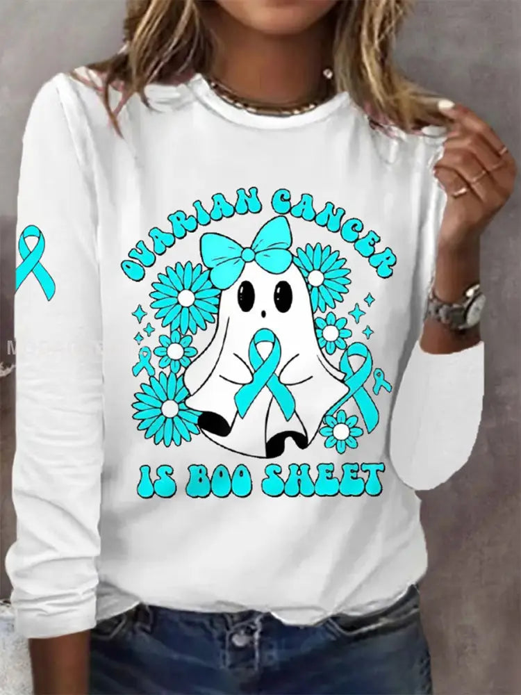 Kvinnors äggstockscancer är Boo Sheet Halloween Spök Teal Ribbon Ovariell cancer medvetenhet Långärm T-S hjärt vit / S