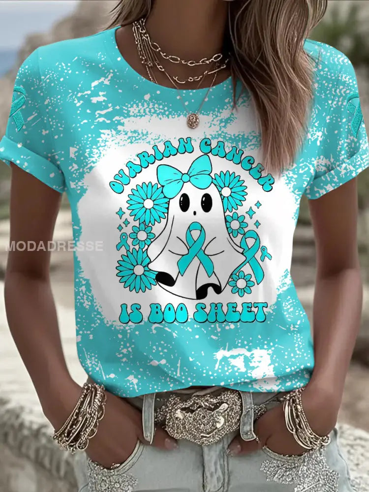 Kvinnors äggstockscancer är Boo Sheet Halloween Spök Teal Ribbon Ovariell cancer medvetenhet Tee