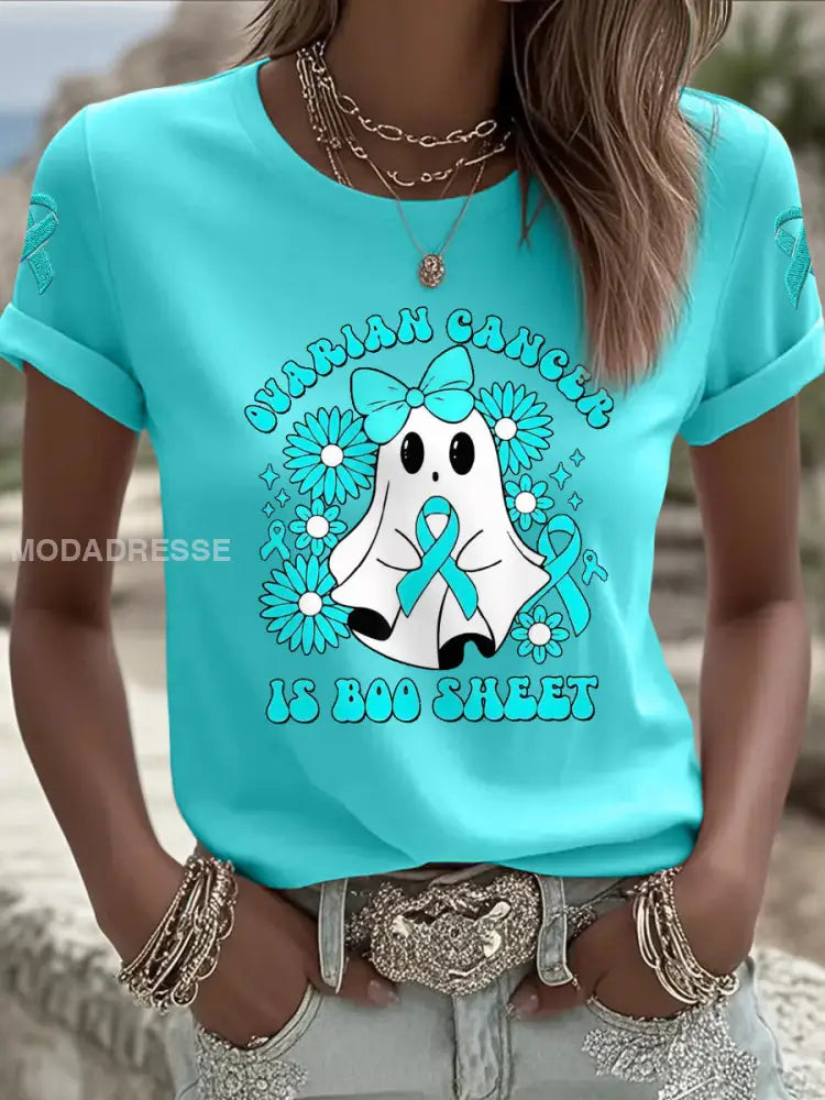 Kvinnors äggstockscancer är Boo Sheet Halloween Spök Teal Ribbon Ovariell cancer medvetenhet Tee blå- grön / S