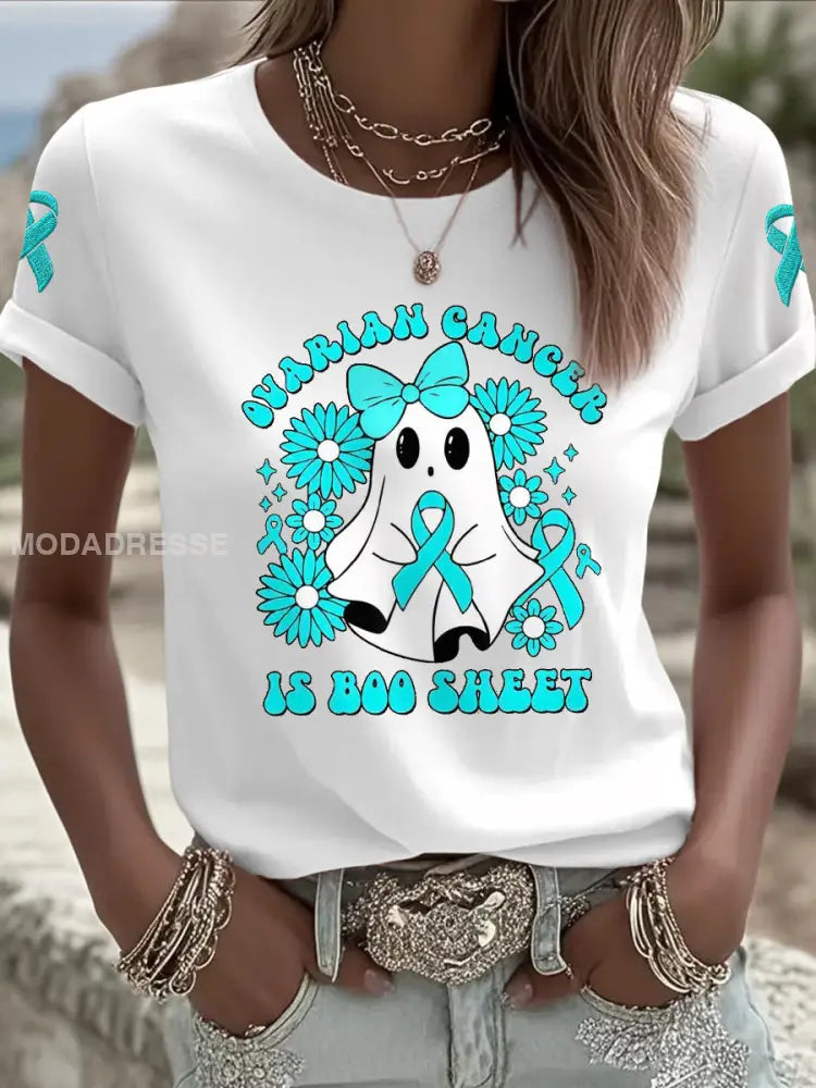 Kvinnors äggstockscancer är Boo Sheet Halloween Spök Teal Ribbon Ovariell cancer medvetenhet Tee vit / S