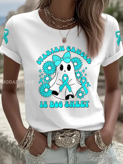 Kvinnors äggstockscancer är Boo Sheet Halloween Spök Teal Ribbon Ovariell cancer medvetenhet Tee vit / S