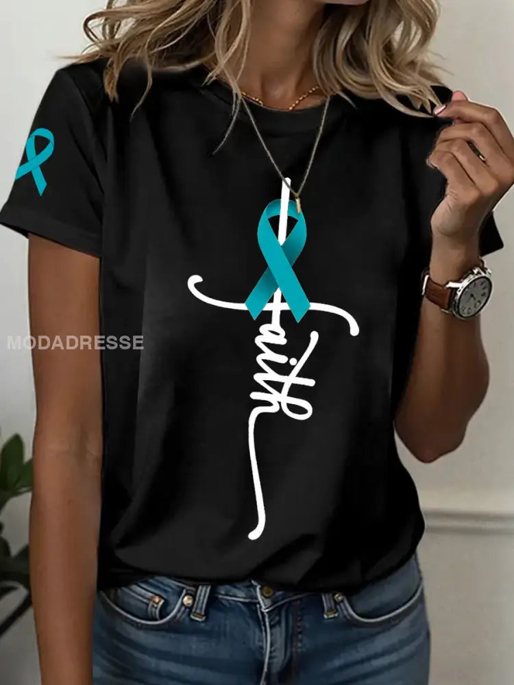 Kvinnors äggstockscancer medvetenhet tro Skriv ut T shirt svart / S