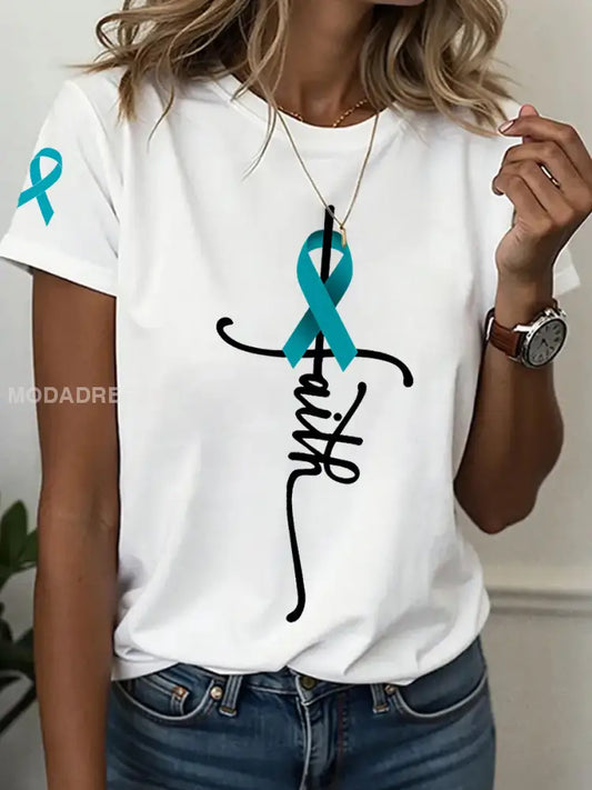 Kvinnors äggstockscancer medvetenhet tro Skriv ut T shirt vit / S