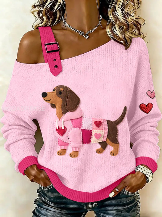 Kvinnors Alla hjärtans dag Inspirerad Dachhund Mönster Sticka topp runk / S