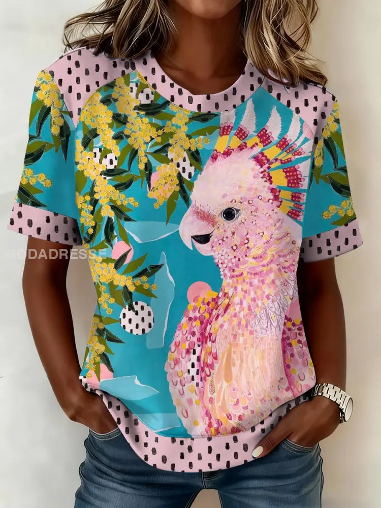 Kvinnors Aussie söt rosa kakadu tryckt T-shirt blå / S