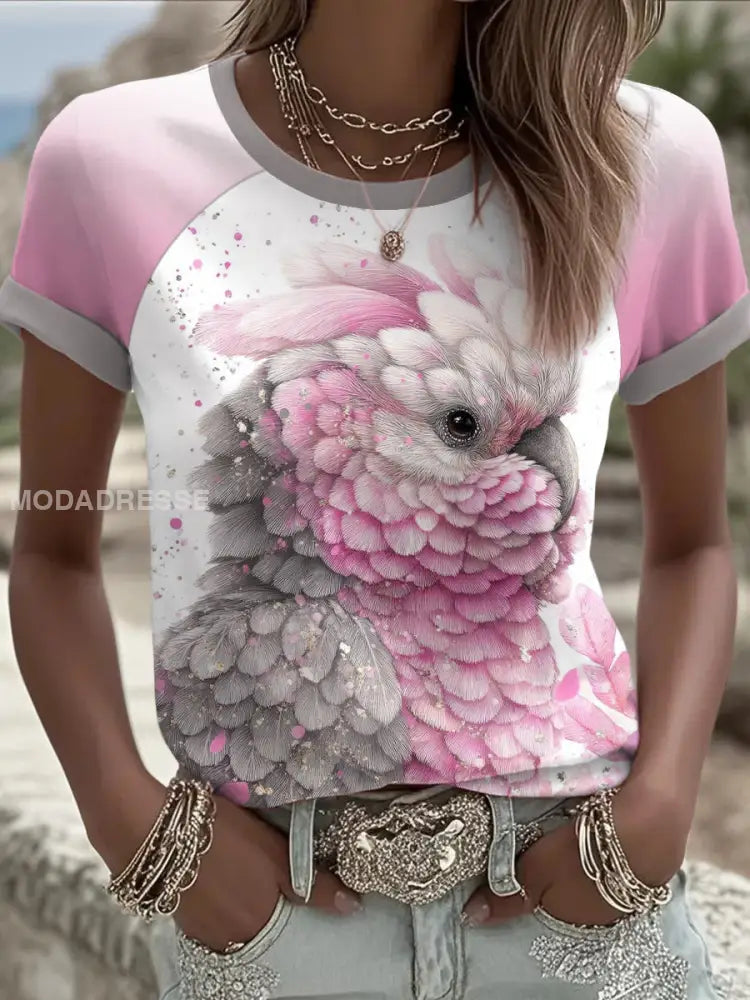 Kvinnors Aussie söt rosa kakadu tryckt T-shirt runk / S