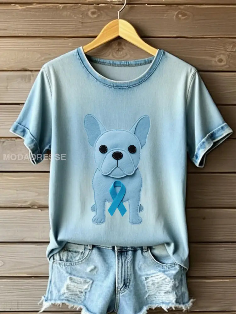 Kvinnors ’Bär ljusblå för familjen prostatacancer medvetenhet’ tryckt T shirt ljusblåa / S