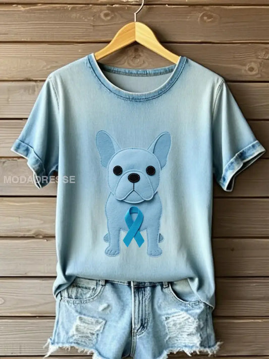 Kvinnors ’Bär ljusblå för familjen prostatacancer medvetenhet’ tryckt T shirt ljusblåa / S