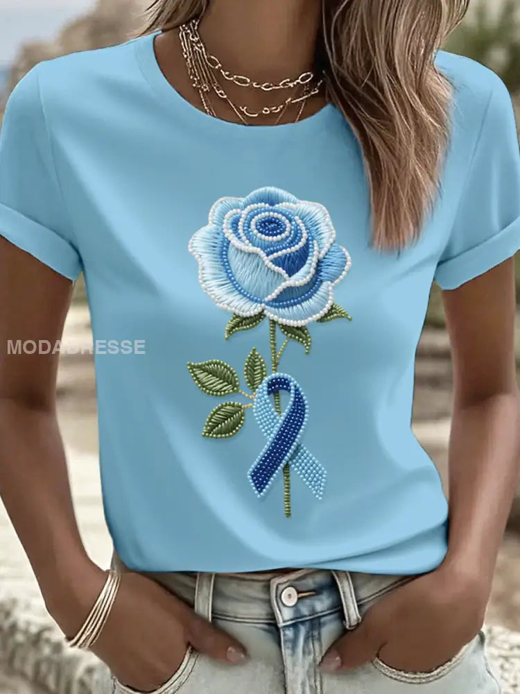 Kvinnors blå ros Beaded Broderad T shirt blå / S