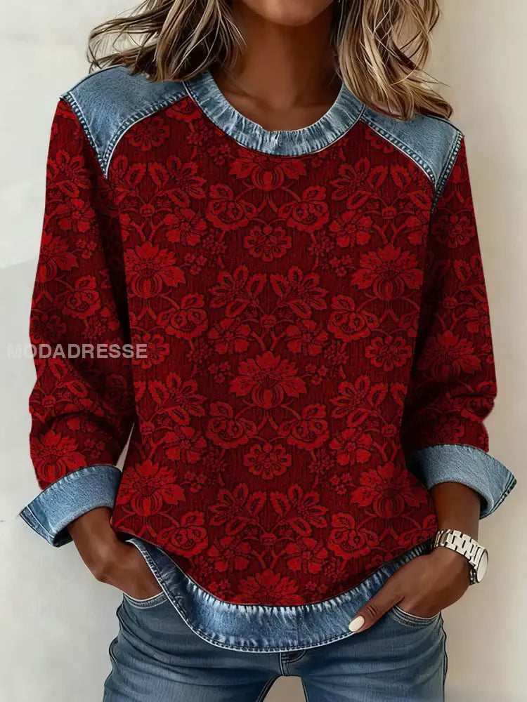 Kvinnors blommiga denim krage sweatshirt vinröd / S