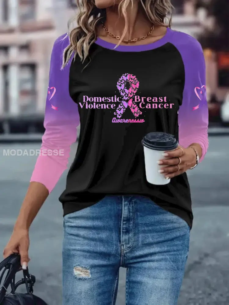 Kvinnors bröstcancer långärmad T shirt med tappade axlarna svart / S