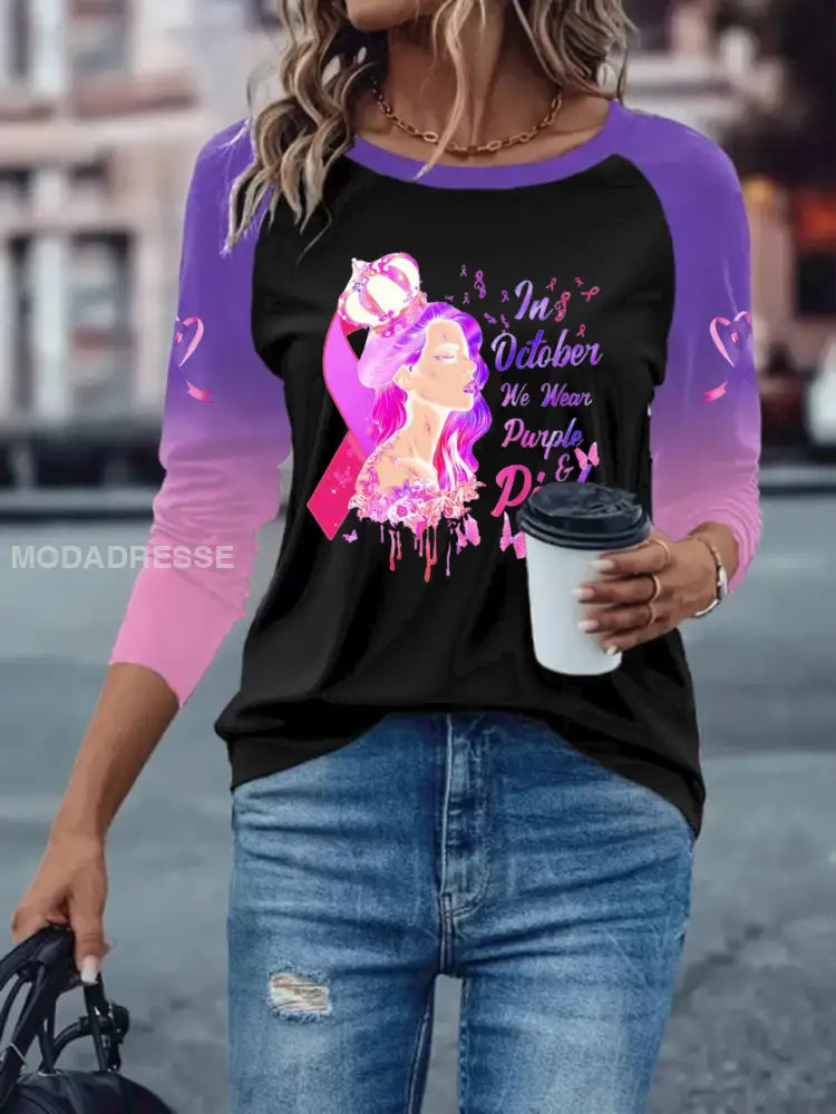 Kvinnors bröstcancer långärmad T shirt med tappade axlarna svart / S