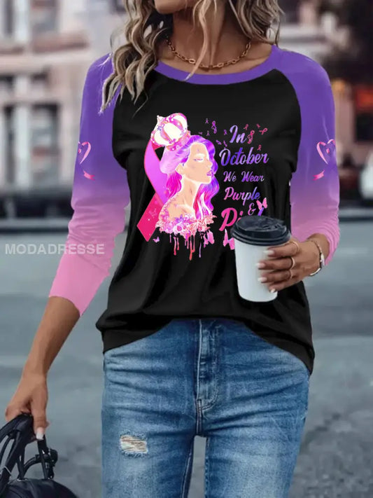 Kvinnors bröstcancer långärmad T shirt med tappade axlarna svart / S