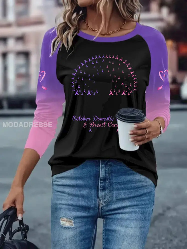Kvinnors bröstcancer långärmad T shirt med tappade axlarna svart / S