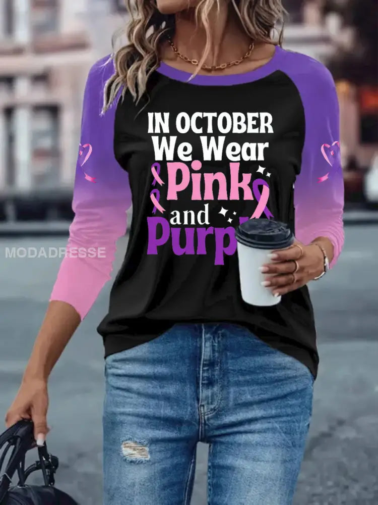 Kvinnors bröstcancer långärmad T shirt med tappade axlarna svart / S