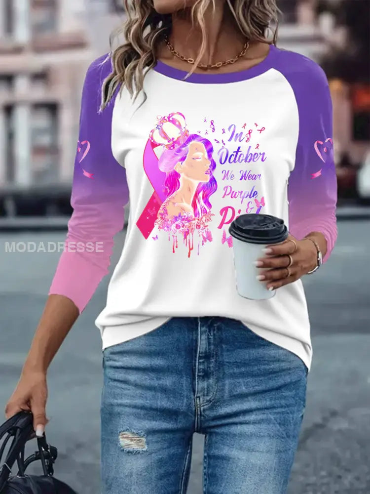 Kvinnors bröstcancer långärmad T shirt med tappade axlarna vitt / S