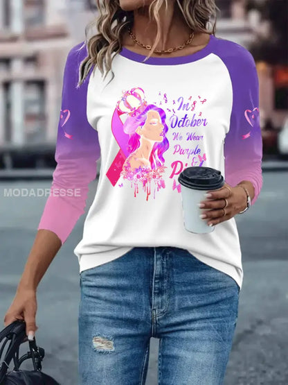 Kvinnors bröstcancer långärmad T shirt med tappade axlarna vitt / S
