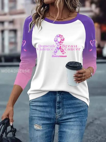Kvinnors bröstcancer långärmad T shirt med tappade axlarna vitt / S