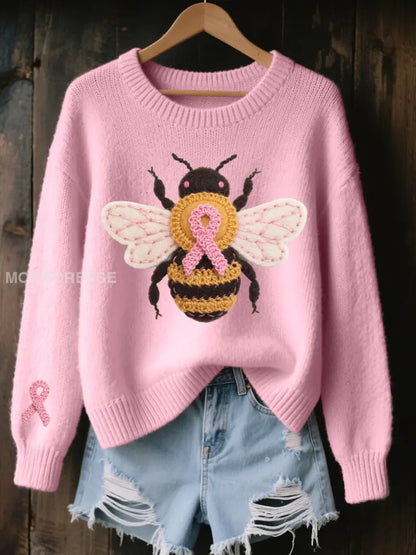 Kvinnors bröstcancer medvetenhet Bee Skriv ut Casual Topp runt / S