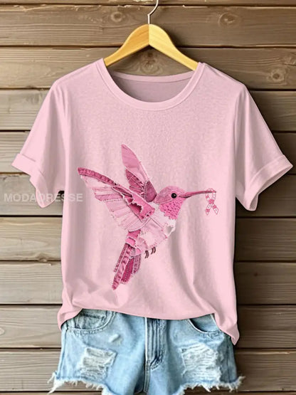 Kvinnors bröstcancer medvetenhet Denim Hummingbird Skriv ut T shirt ljusrosa / S