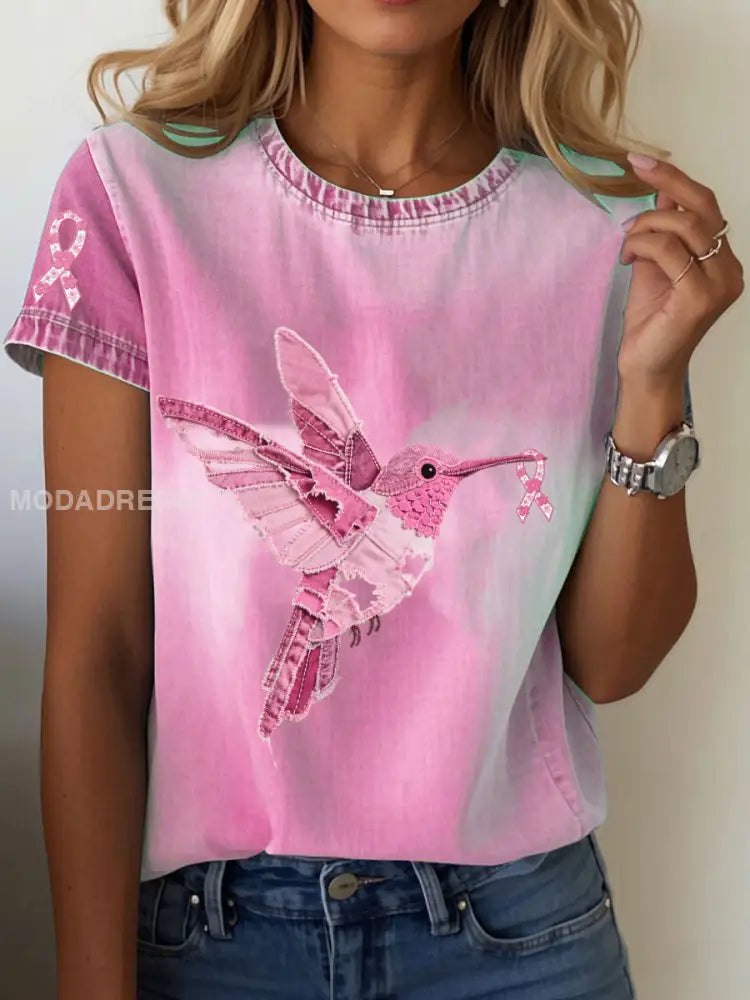 Kvinnors bröstcancer medvetenhet Denim Hummingbird Skriv ut T shirt runk / S