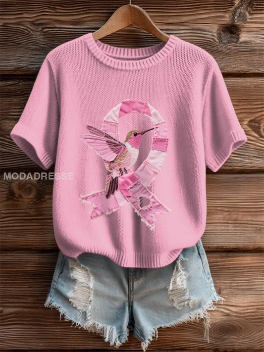 Kvinnors bröstcancer medvetenhet Denim Hummingbird Skriv ut T shirt runk / S