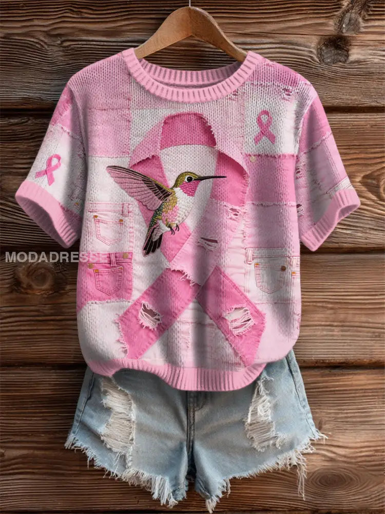 Kvinnors bröstcancer medvetenhet Denim Hummingbird Skriv ut T shirt runk / S
