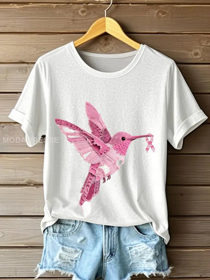 Kvinnors bröstcancer medvetenhet Denim Hummingbird Skriv ut T shirt vit / S