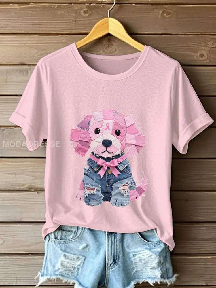 Kvinnors bröstcancer medvetenhet Denim Puppy Print T shirt ljusrosa / S