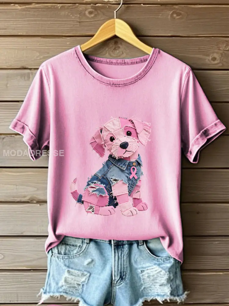 Kvinnors bröstcancer medvetenhet Denim Puppy Print T shirt runk / S