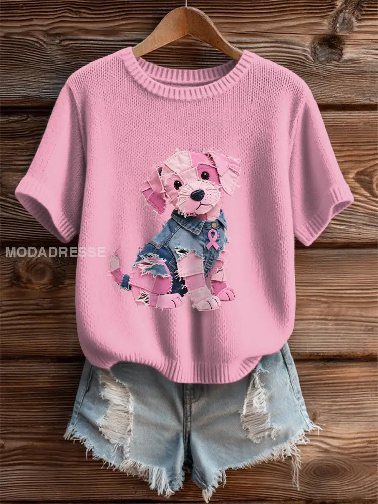 Kvinnors bröstcancer medvetenhet Denim Puppy Print T shirt runk / S