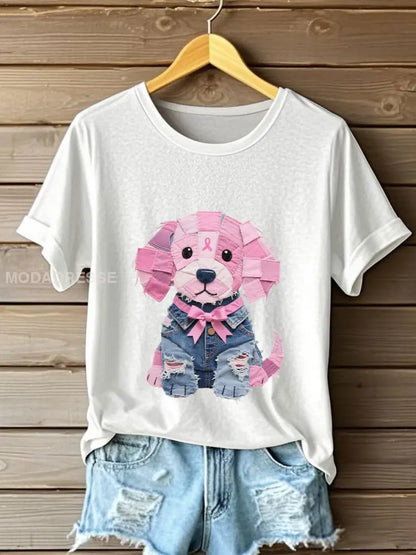 Kvinnors bröstcancer medvetenhet Denim Puppy Print T shirt vit / S