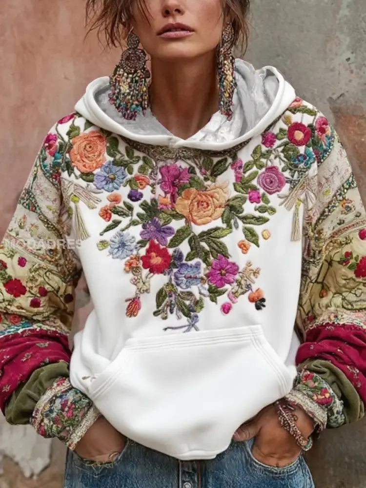 Kvinnors bröstcancer medvetenhet Floral konsthuvad tröjar vit / S