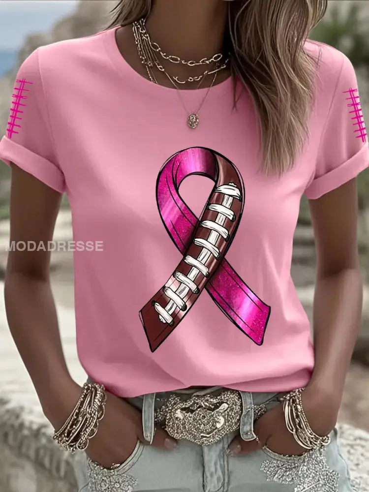 Kvinnors bröstcancer medvetenhet Fotboll Pink Out Pink Ribbon Print T shirt runt / S