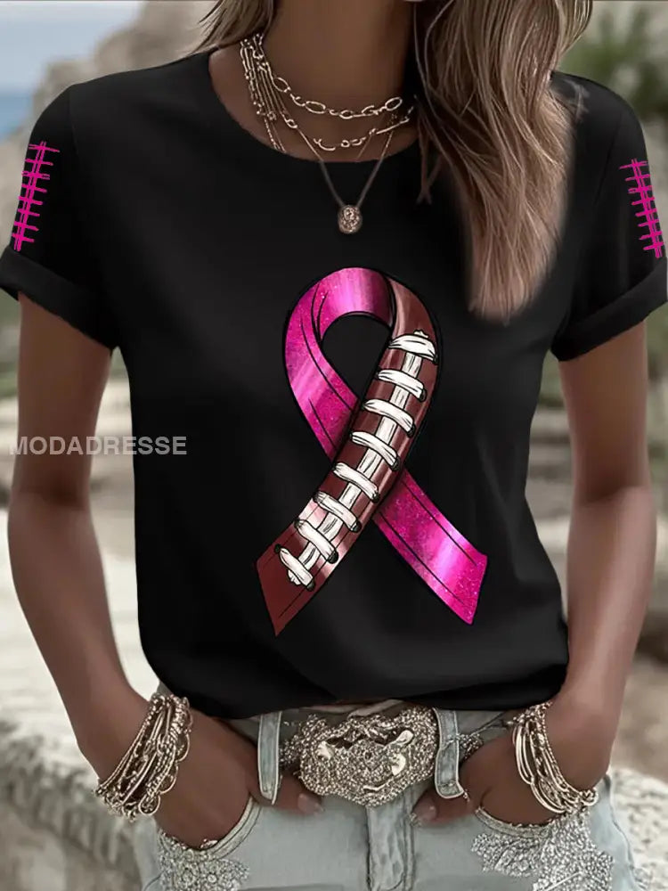 Kvinnors bröstcancer medvetenhet Fotboll Pink Out Pink Ribbon Print T shirt svart / S