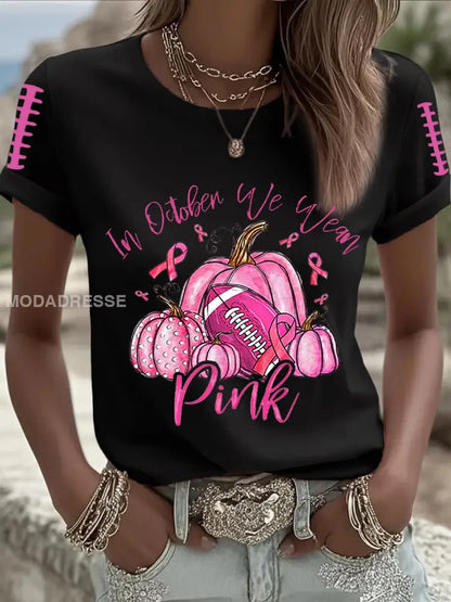 Kvinnors bröstcancer medvetenhet Fotboll Pink Out Pink Ribbon Print T shirt svart / S