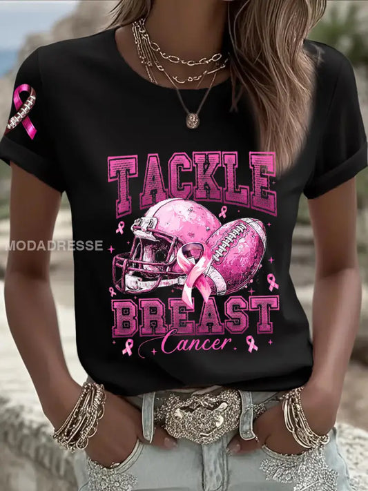 Kvinnors bröstcancer medvetenhet Fotboll Pink Out Pink Ribbon Print T shirt svart / S