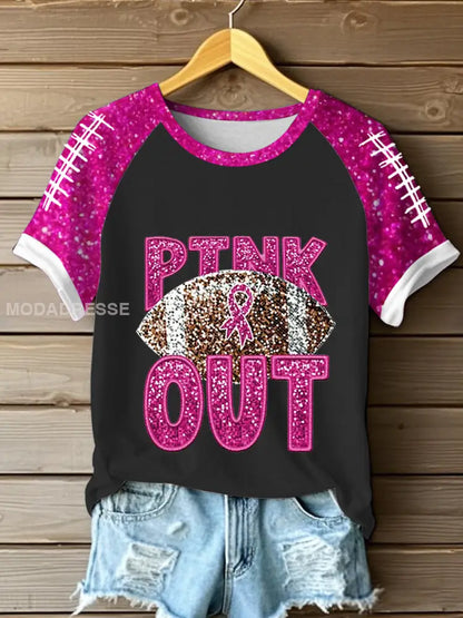 Kvinnors bröstcancer medvetenhet Fotboll Pink Out Pink Ribbon Print T shirt svart / S