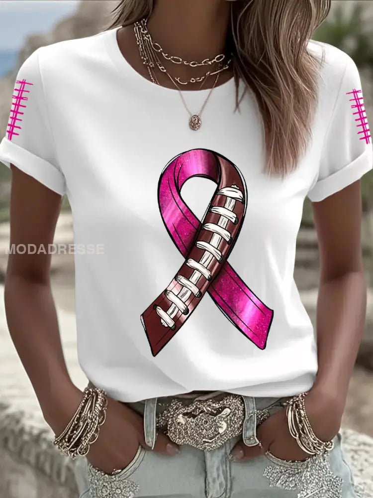 Kvinnors bröstcancer medvetenhet Fotboll Pink Out Pink Ribbon Print T shirt vit / S