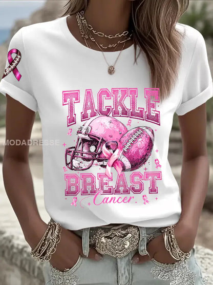 Kvinnors bröstcancer medvetenhet Fotboll Pink Out Pink Ribbon Print T shirt vit / S