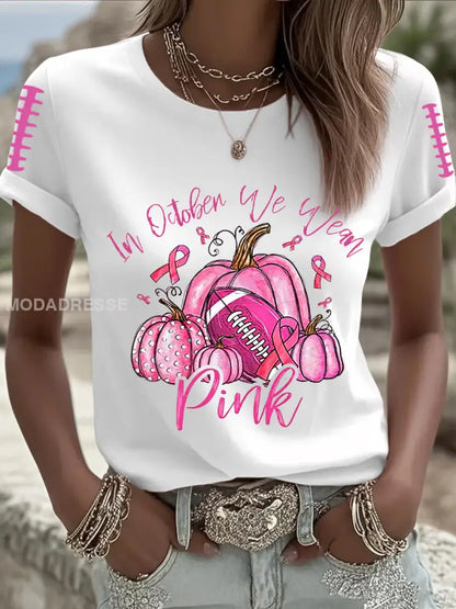 Kvinnors bröstcancer medvetenhet Fotboll Pink Out Pink Ribbon Print T shirt vit / S