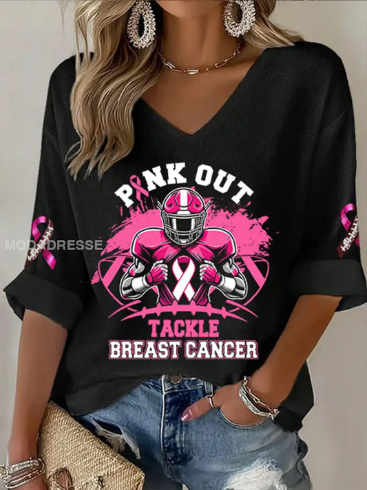 Kvinnors bröstcancer medvetenhet Fotboll Pink Out Pink Ribbon Print Våffle T shirt svart / S