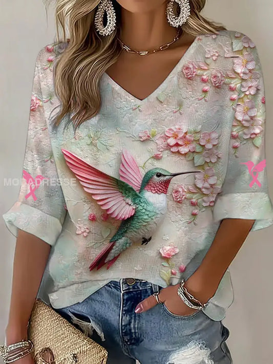 Kvinnors bröstcancer medvetenhet Hummingbird Blommis lång ärm topp som bild / S